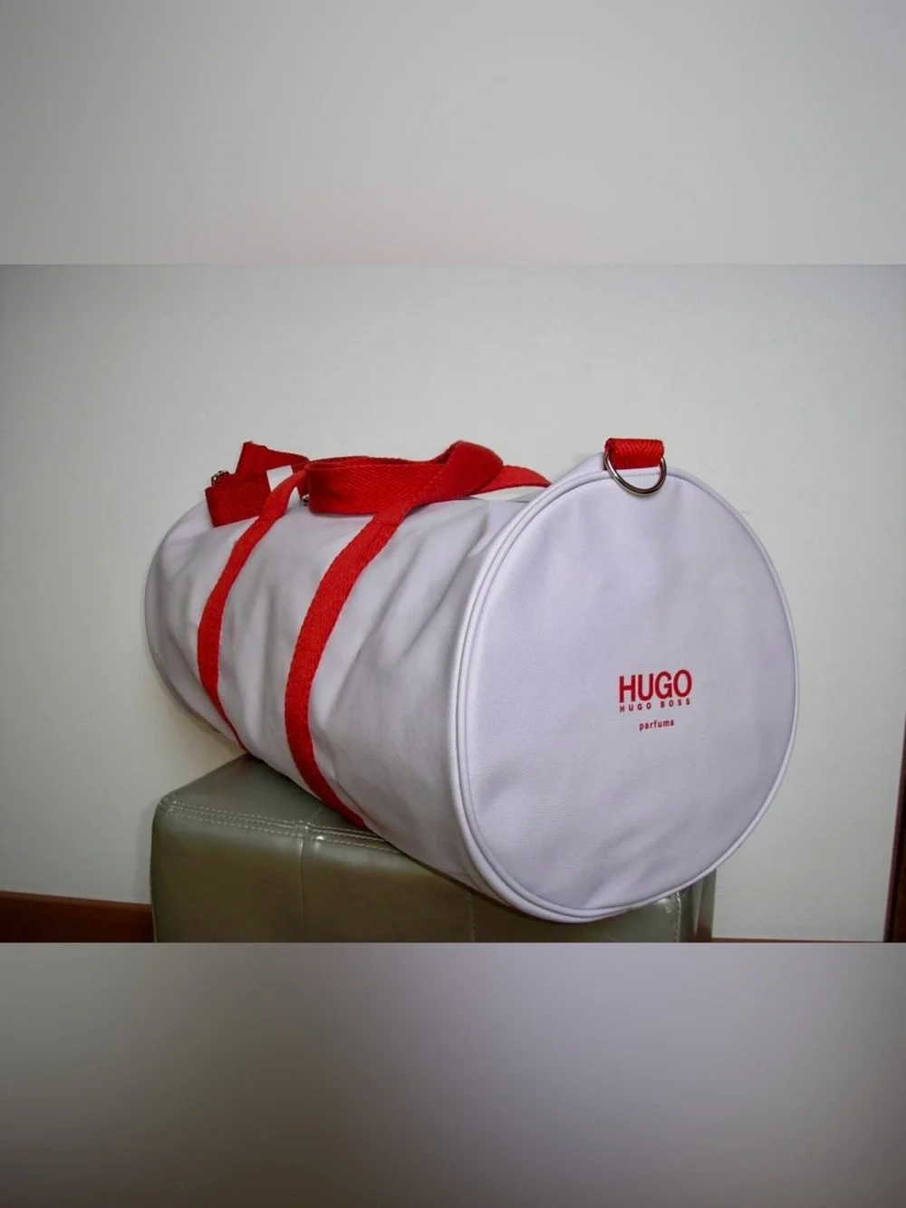 NWT Hugo Boss White Leatherette Canvas Duffel with Red Straps